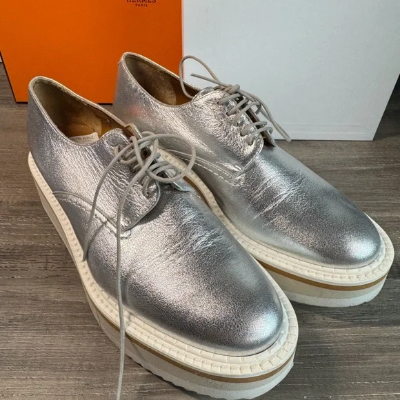 Robert Clergerie Paris Brook Derby Metallic Silver Platform Loafers 8.5 $542 - Picture 6 of 14